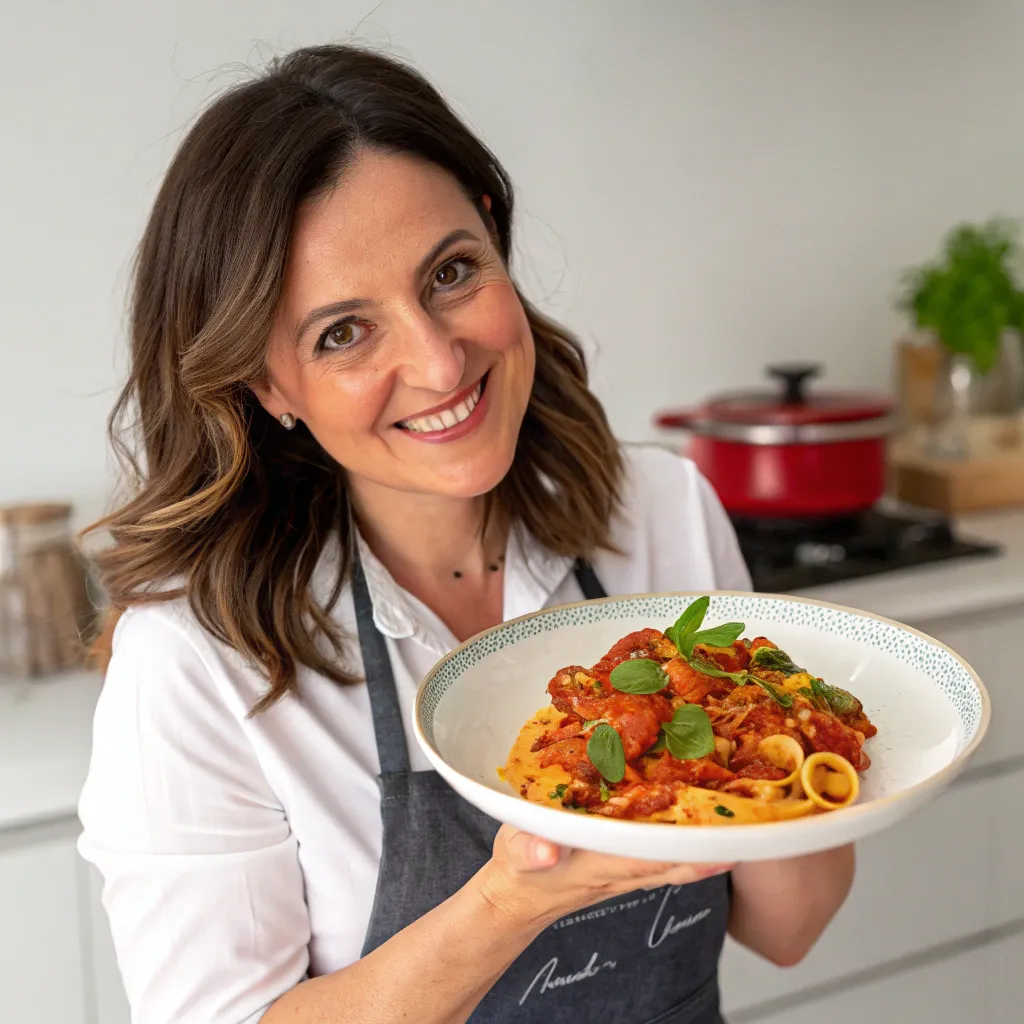 Julia Smith showcasing her pasta dish